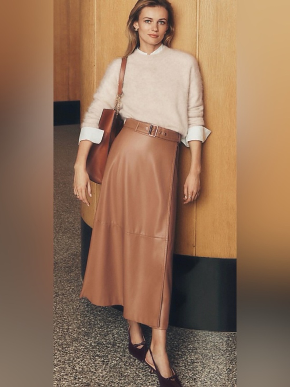 Ann Taylor Belted Faux Leather Midi Skirt in Tan, NWT Size 8